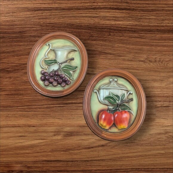 Vintage Oval Ceramic Wall Plaques With Fruits & Teapots Set Of 2 Made In Japan - Picture 1 of 9